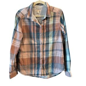 Toad & Co Plaid Button Down Shirt  Blue Rust Casual Soft Flannel Outdoor Large